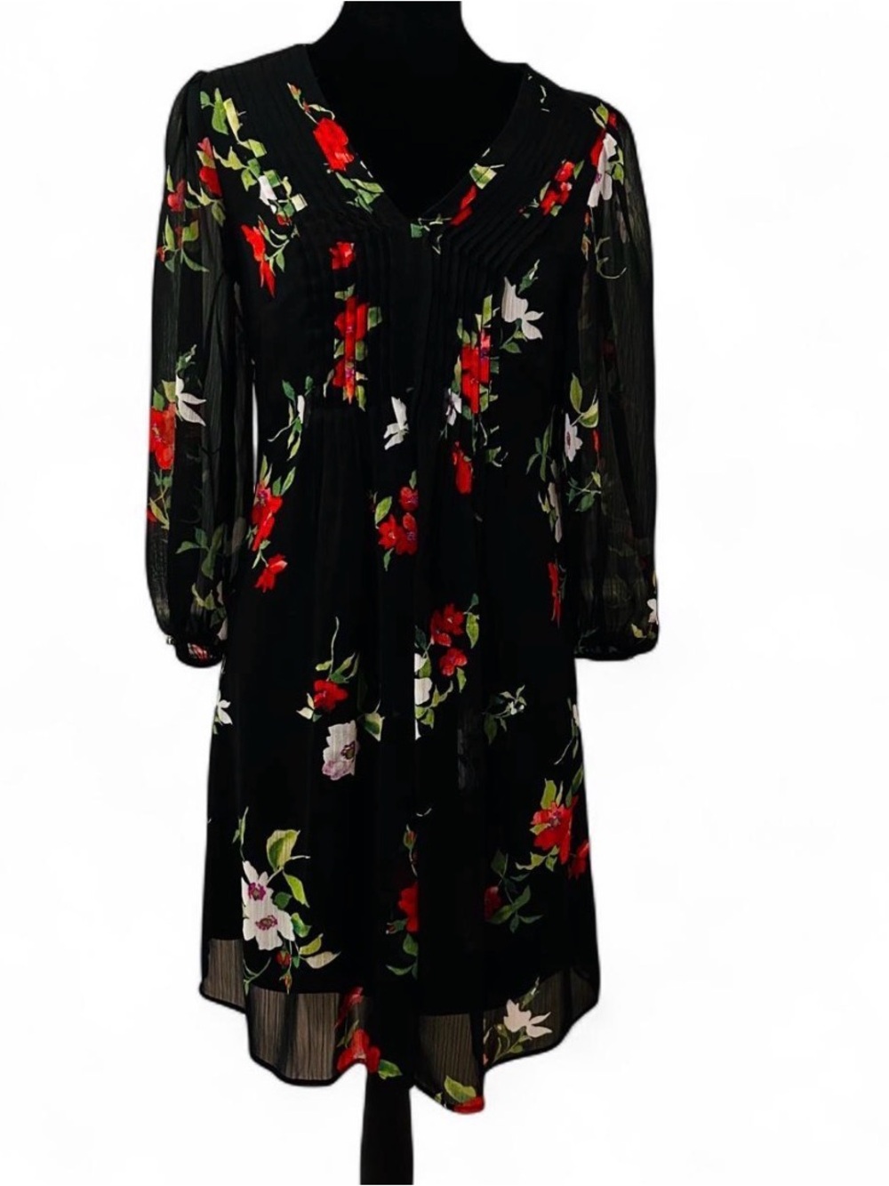 Calvin Klein lined black floral dress with sheer sleeves 35” length size 2.